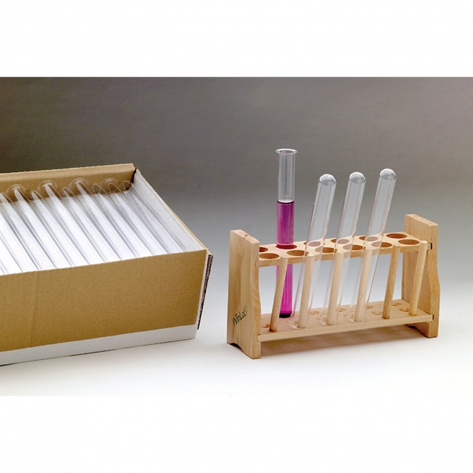 Reagenzglasgestell, mit 12 Bohrungen bis 22 mm Durchmesser, mit 6 Stäben, Holz 